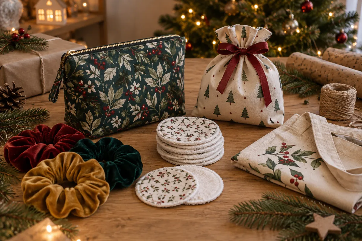 Trousse zippée, chouchous, lingettes démaquillantes et pochon cadeau cousus main, entourés de branches de sapin