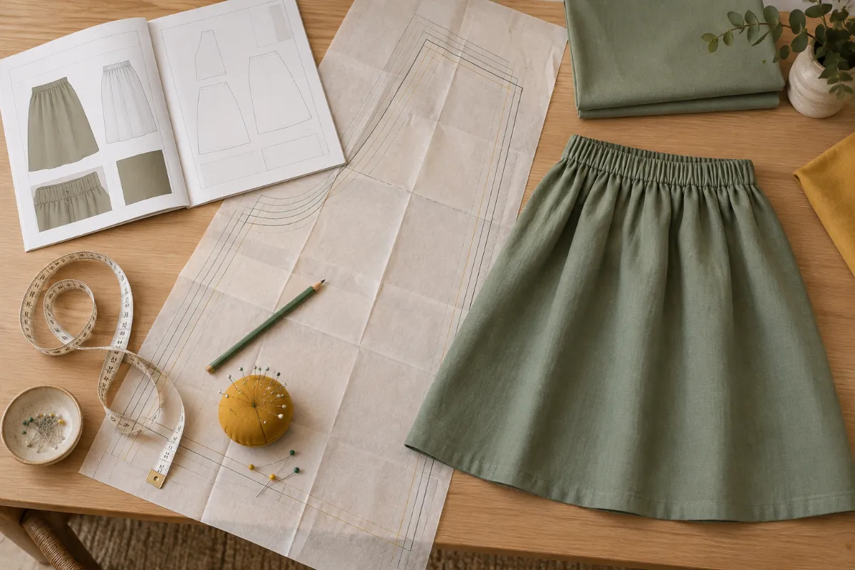 Pochette de patron, feuille de patron dépliée, popeline vert sauge et jupe à taille élastique terminée