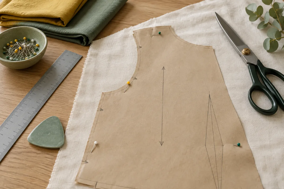 Pièce de patron en papier épinglée sur un tissu écru, avec droit-fil, crans et pince tracés au crayon