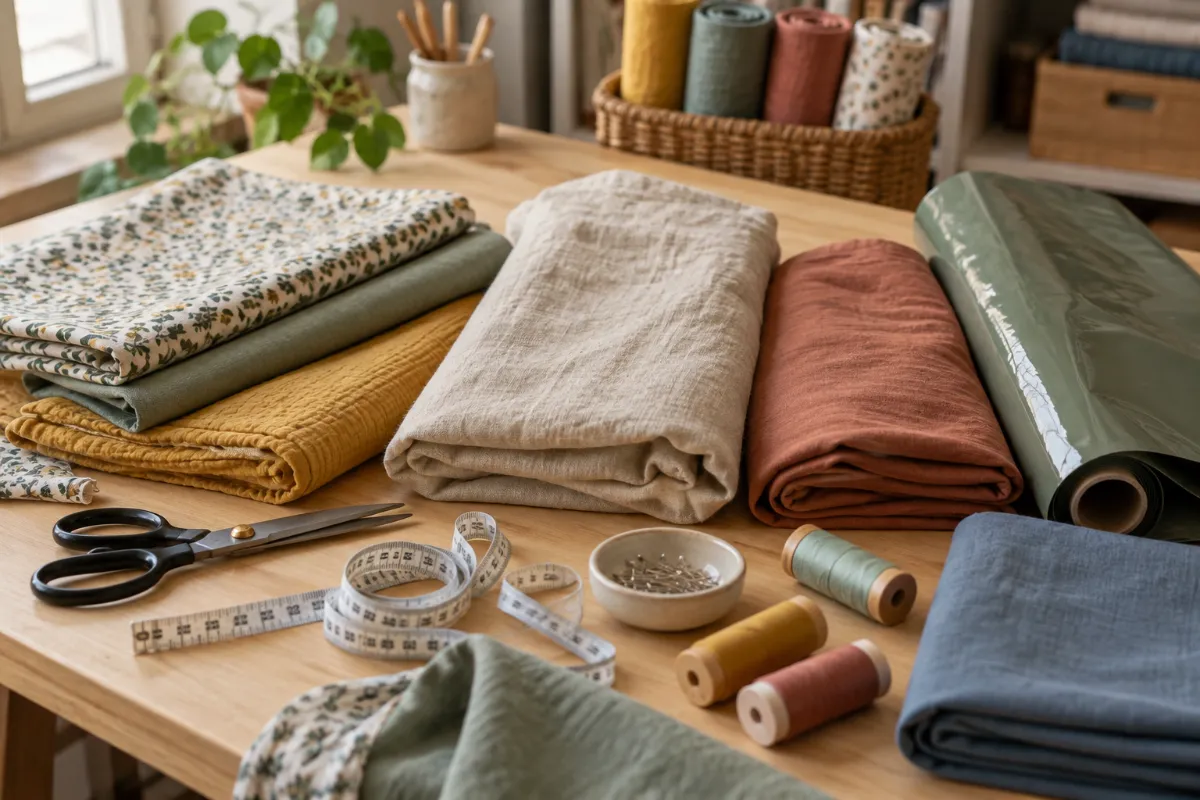 Rouleaux de popeline, double gaze, lin, jersey et tissu imperméable posés sur une table de couture